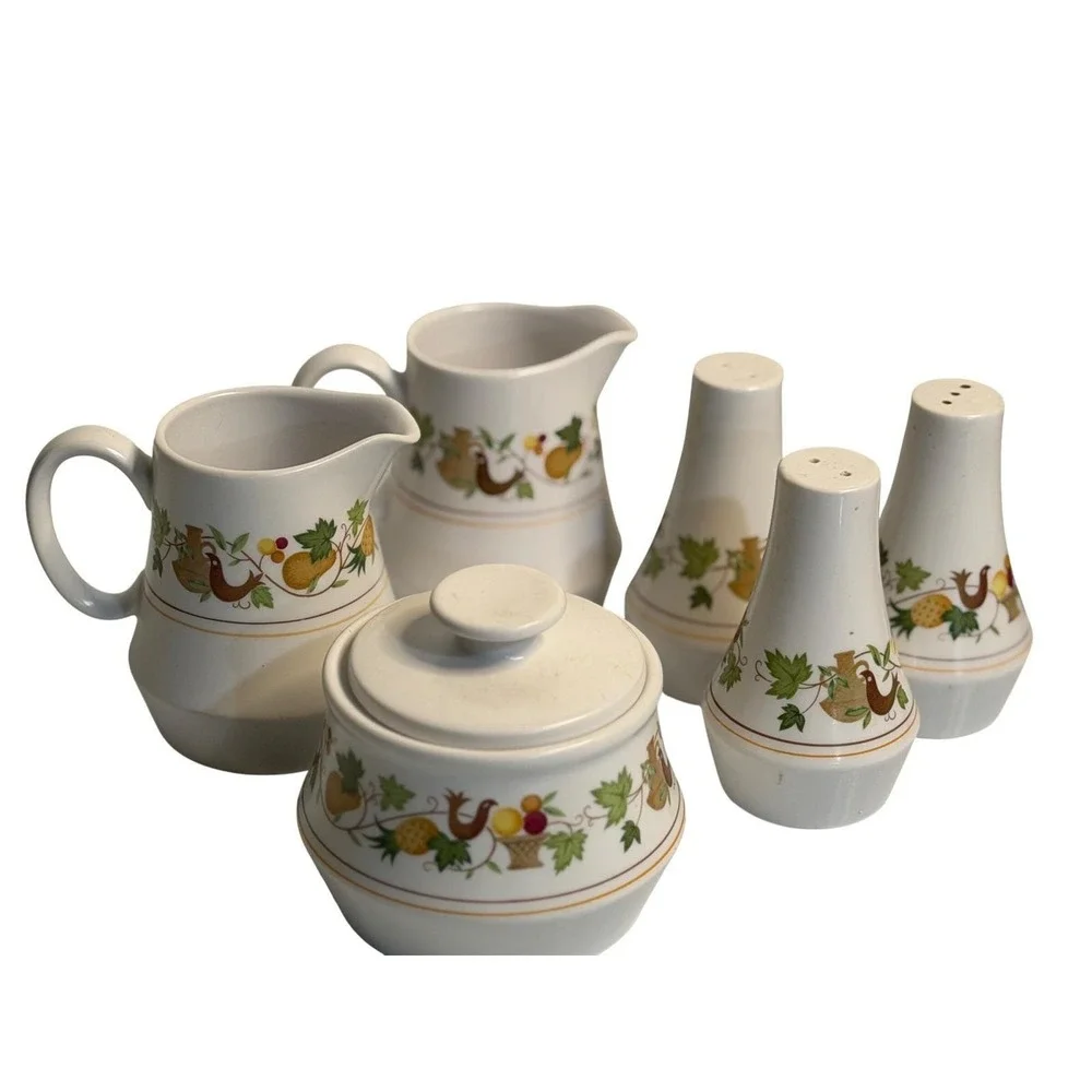 VTG Noritake‎ Creamer Sugar Salt Pepper Set White Homecoming 9002 Harvest Fruit